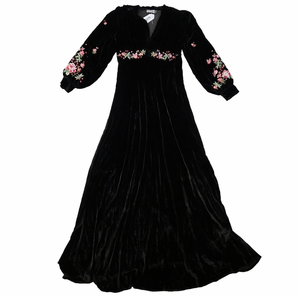 Rixo Emory Embroidered Silk-Velvet Gown black with floral/butterflys NWT sz 8